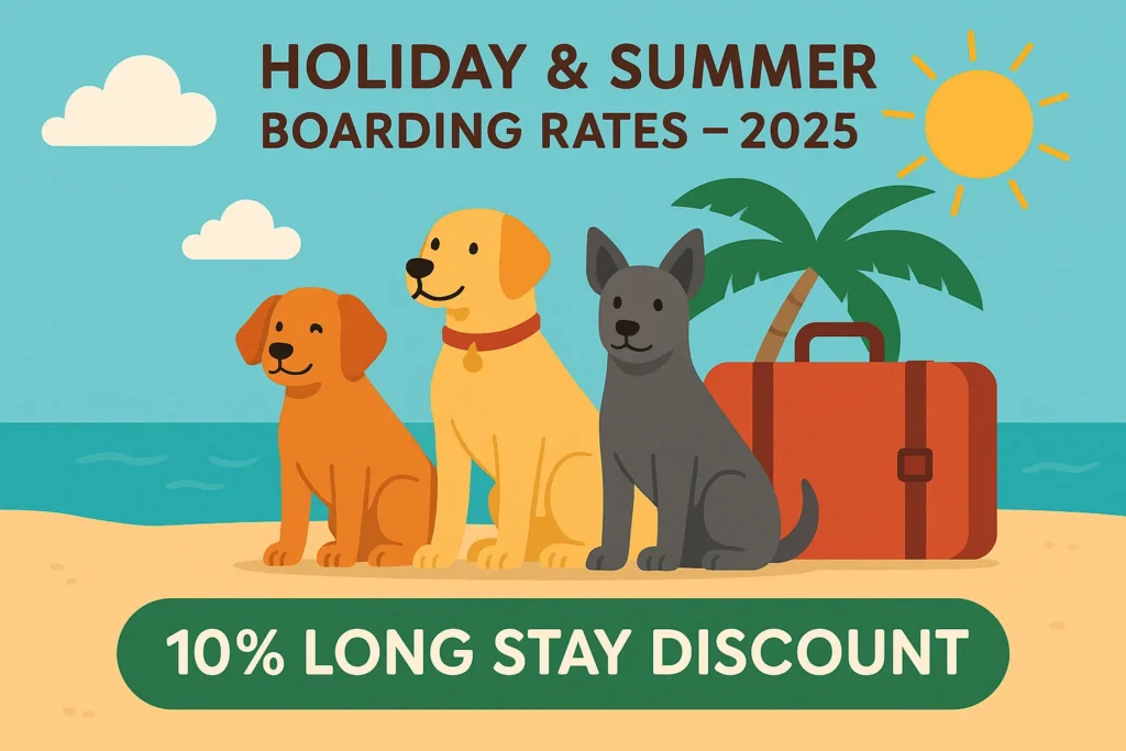 holiday summer discount long stay 10% dogs summer boarding rates 2025